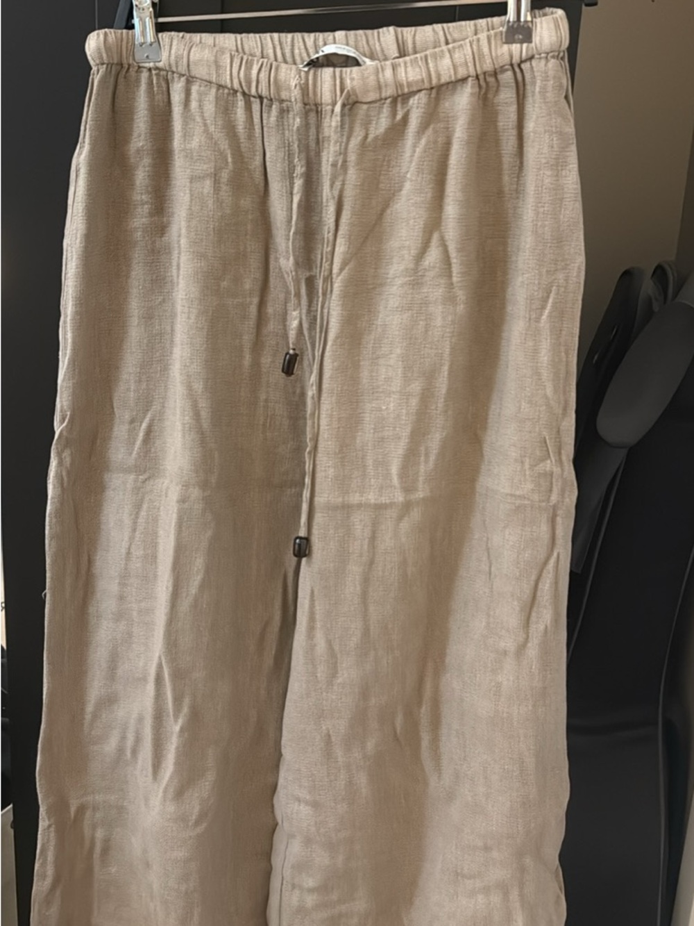 Zara Neutral Beige Elastic Waist Linen-Blend Pants